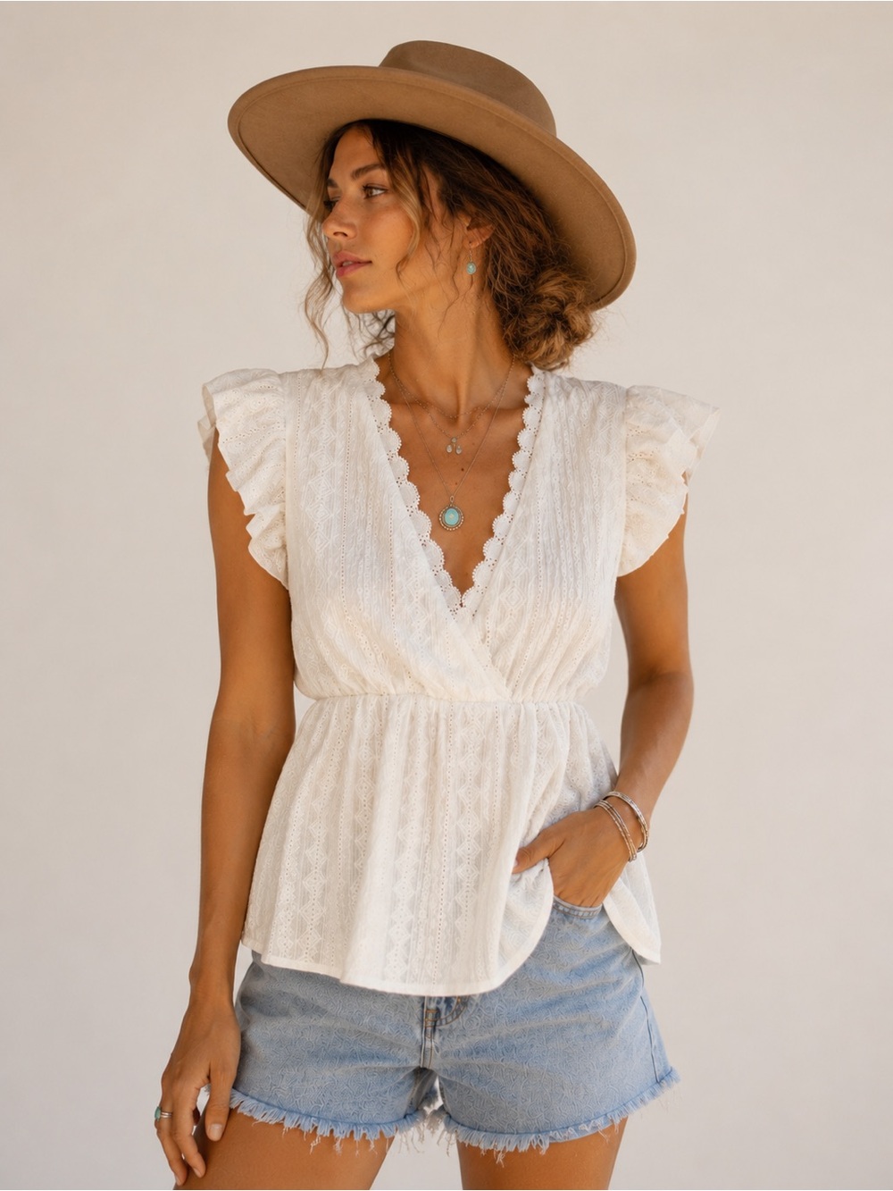 Cream Lace Flutter Sleeve Top